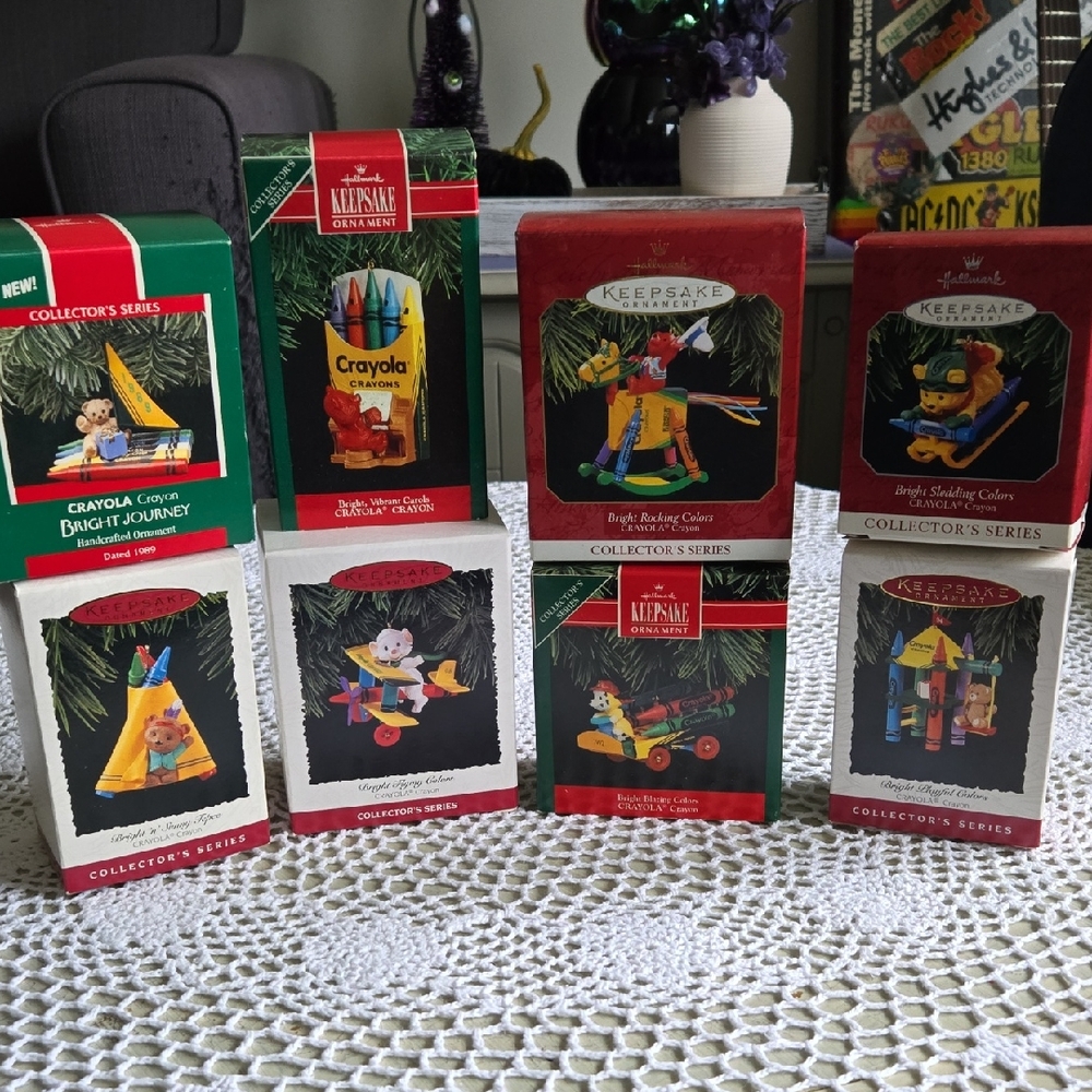 8 VINTAGE HALLMARK KEEPSAKE ORNAMENTS FROM THE "CRAYOLA SERIES"